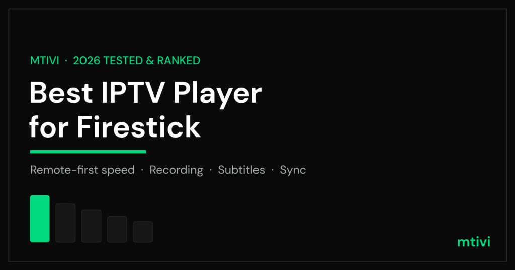 Best IPTV player for Firestick 2026 guide cover in mtivi dark Cinema Onyx style with ranking bars
