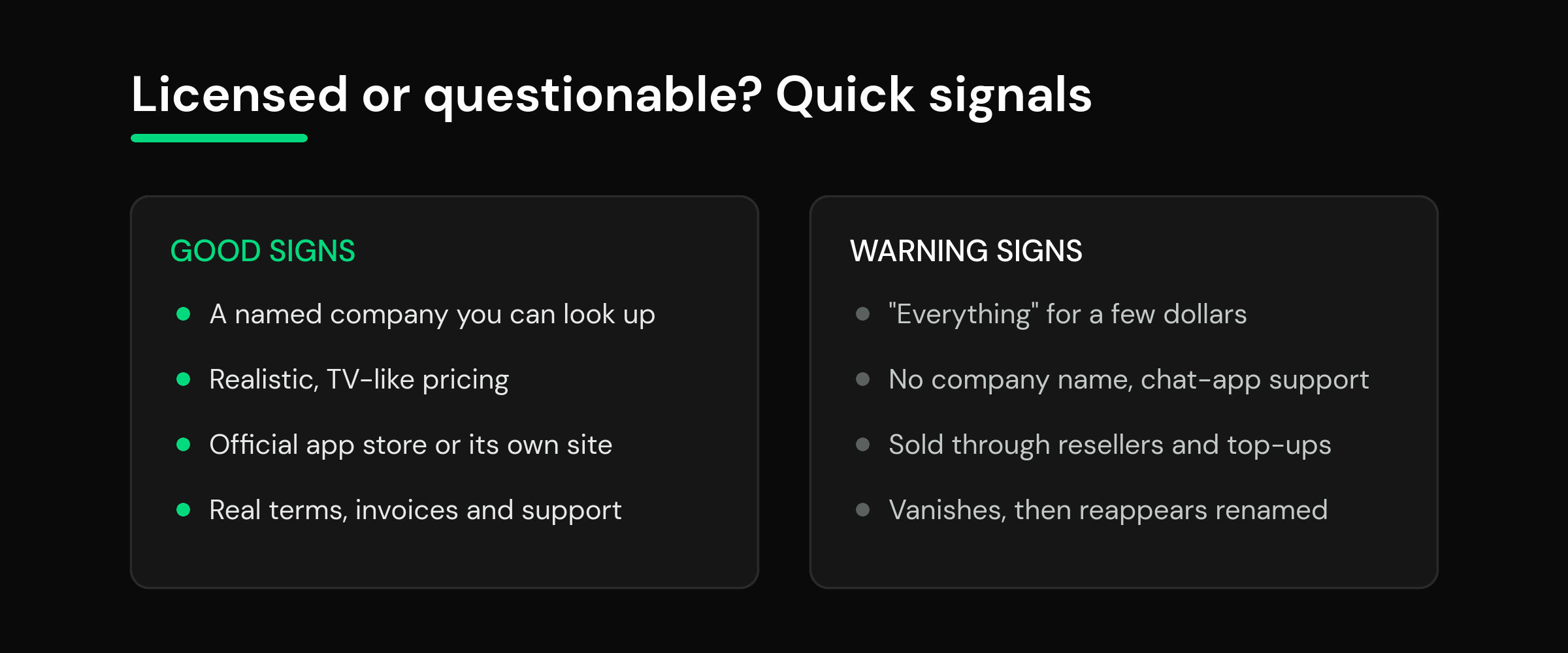 Checklist diagram comparing signs of a licensed IPTV source with warning signs of an unlicensed one