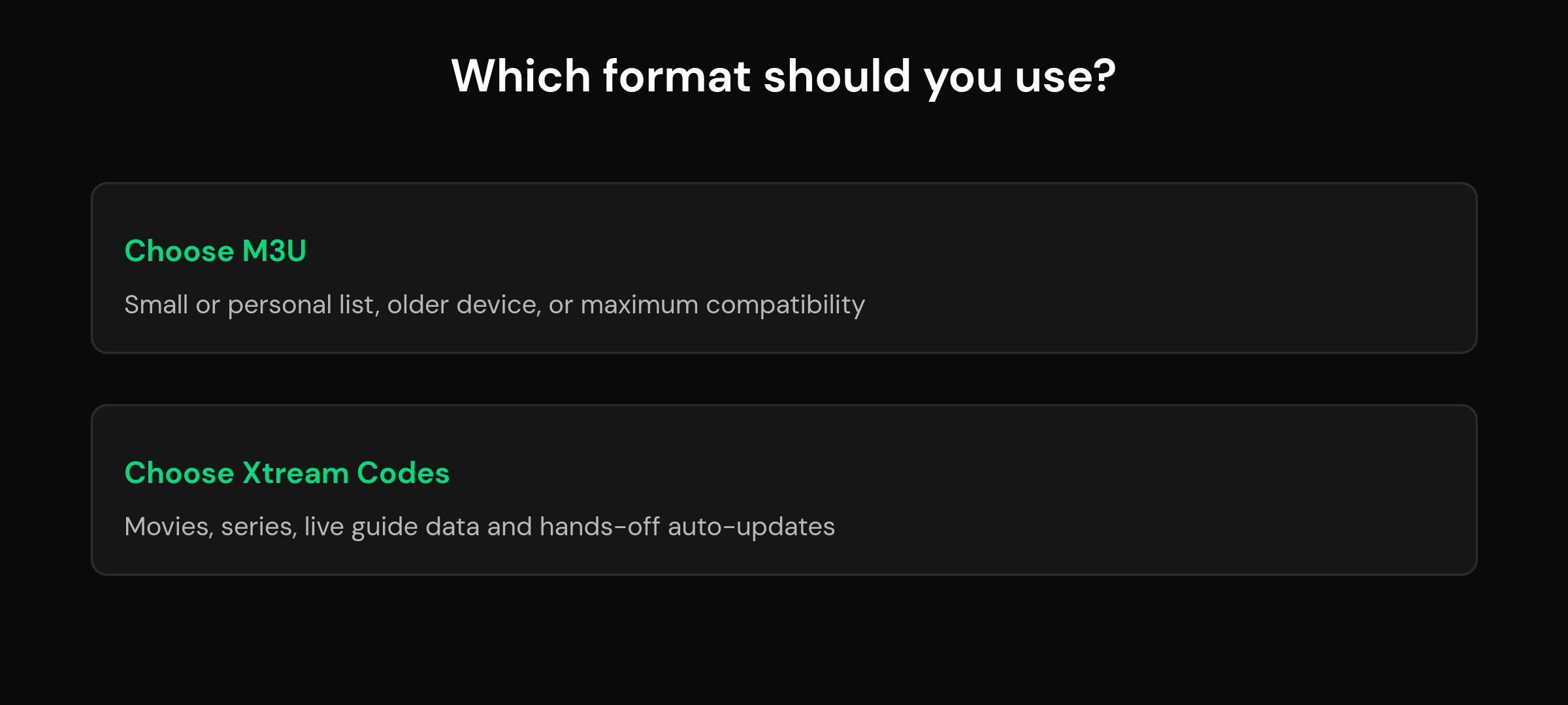 mtivi.app M3U vs Xtream Codes: Which IPTV Format Should You Use? Decision map showing choose M3U for small or personal lists and Xtream Codes for movies, series, guide data and auto-updates