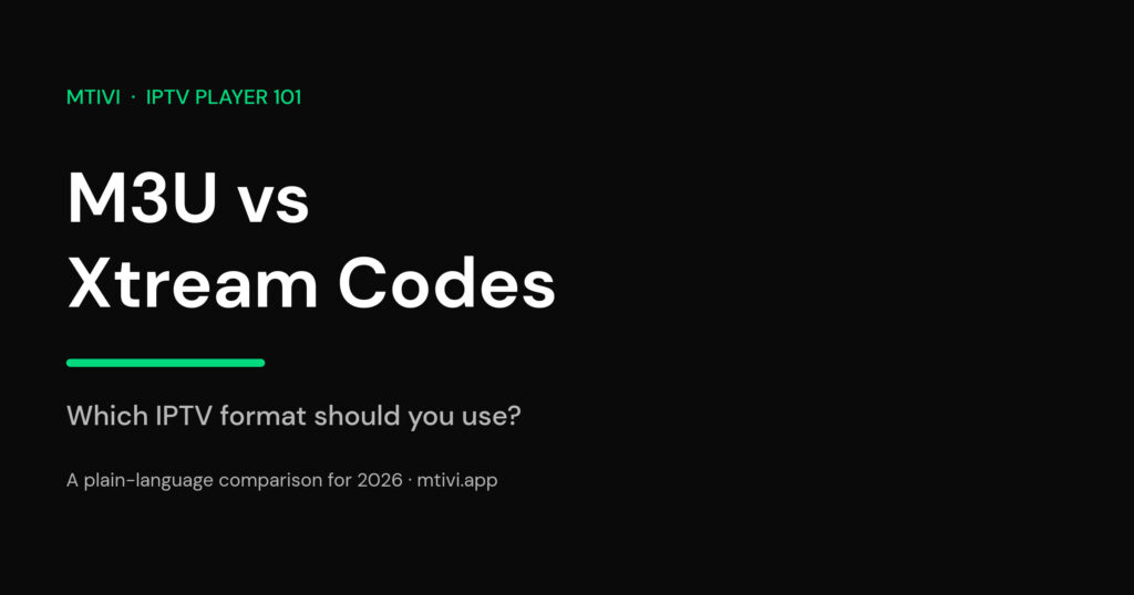 M3U vs Xtream Codes title card on a dark background with a green accent for the mtivi IPTV Player 101 guide