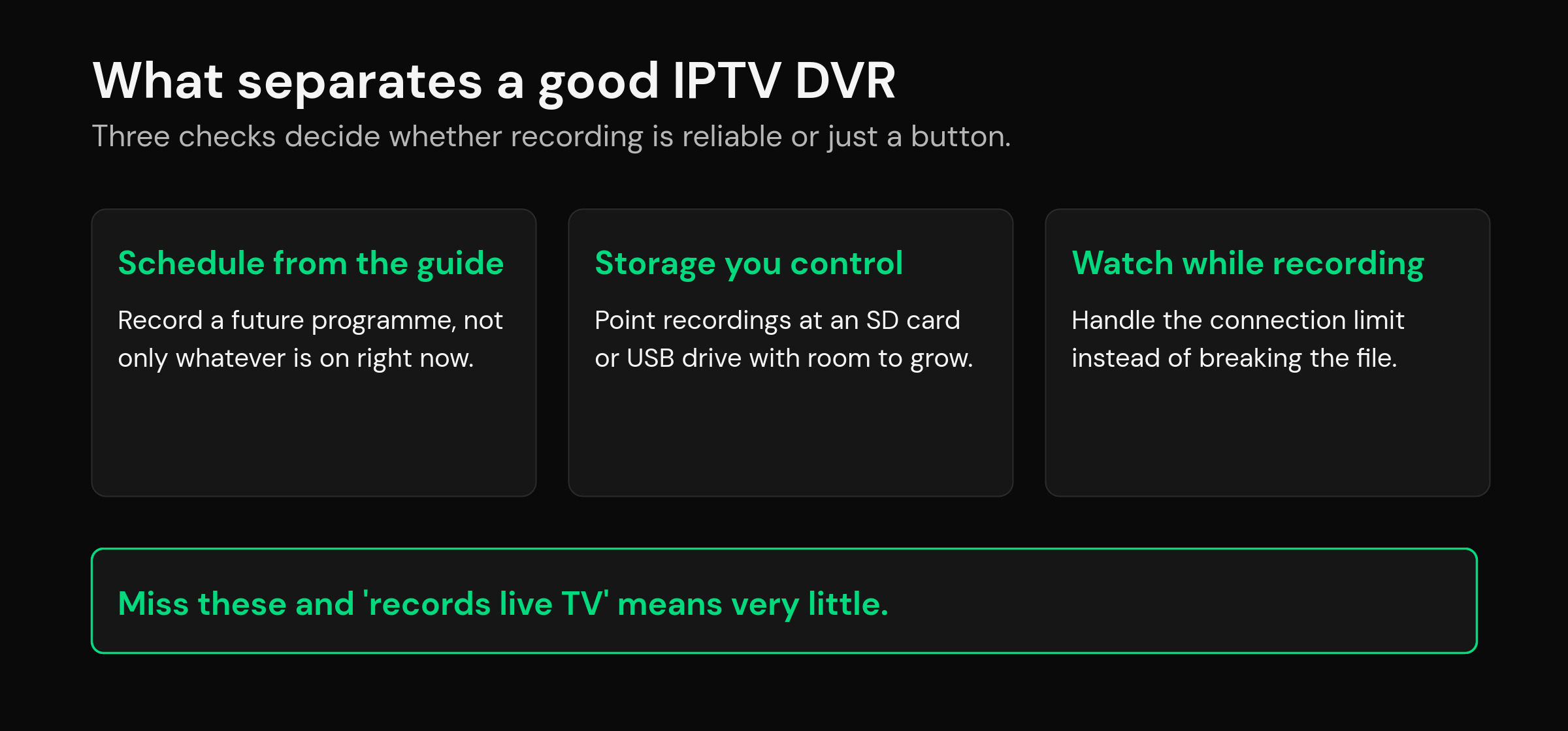 mtivi.app | Best IPTV Player With DVR: Recording Compared for 2026 Five criteria that separate the best IPTV player with DVR: scheduling, recurring rules, storage, connections and playback