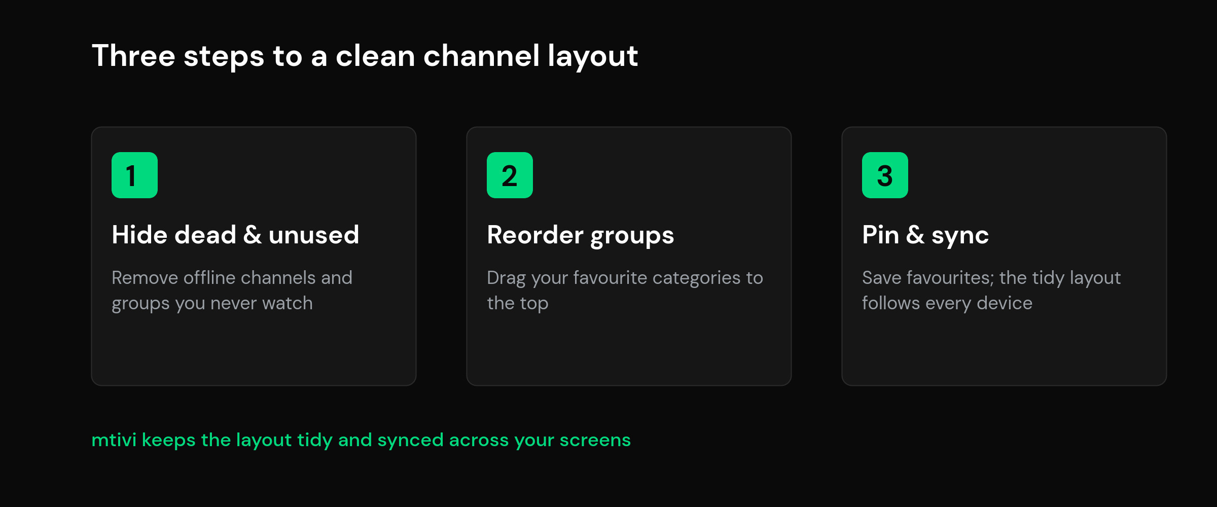 mtivi.app | How to Hide Dead IPTV Channels and Reorder Groups Three steps to hide dead IPTV channels, reorder groups and pin favorites synced across devices