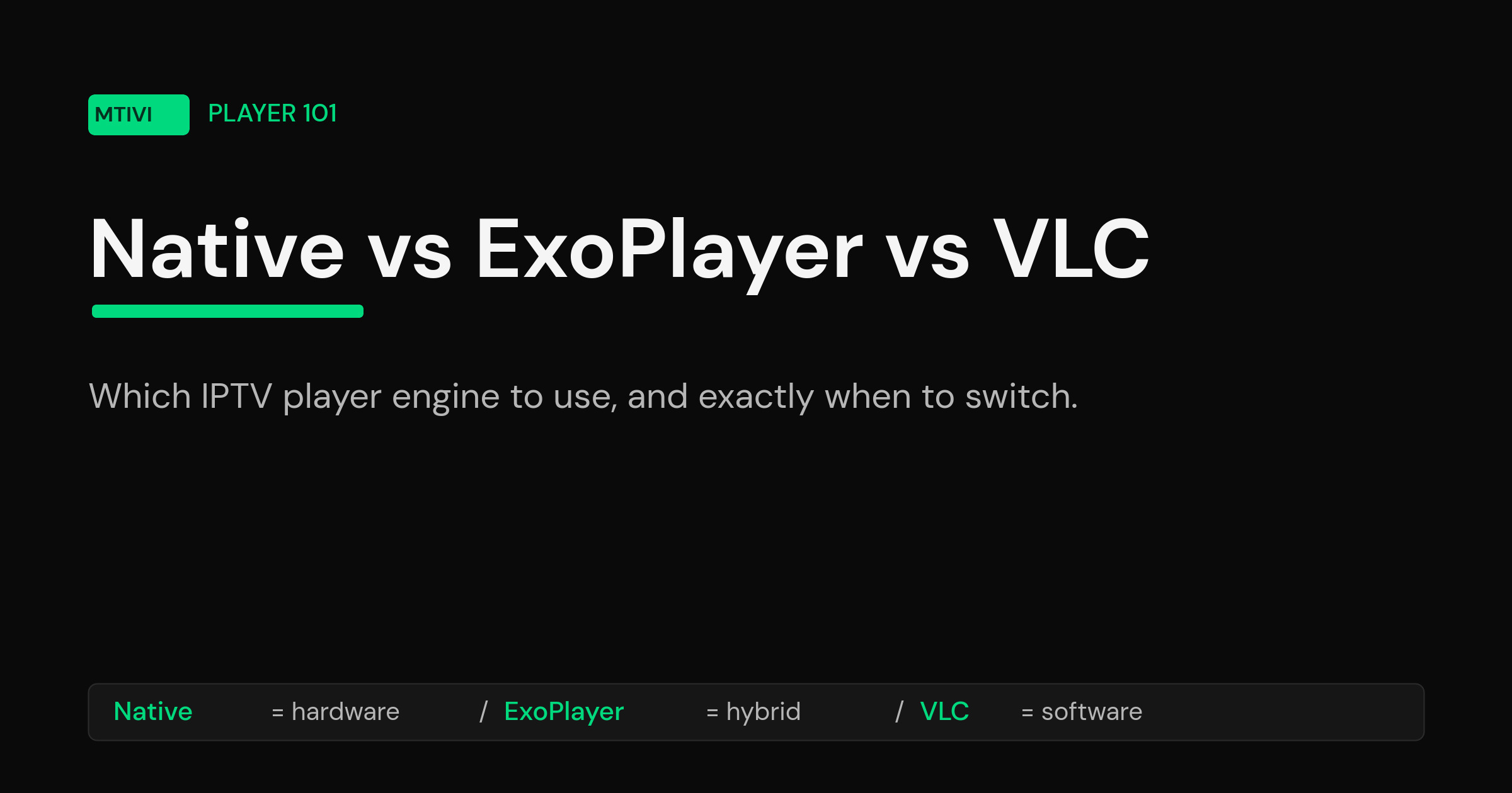 mtivi.app | IPTV Native vs ExoPlayer vs VLC: Which Player Engine Should You Use? IPTV Native vs ExoPlayer vs VLC player engine comparison title card explaining which decoder to use